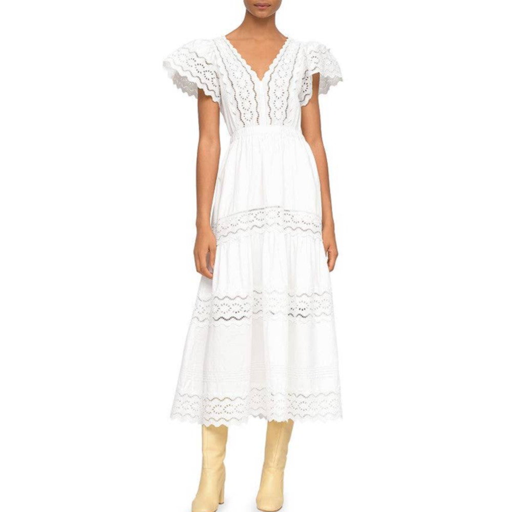Sea Georgina White Eyelet Flutter Sleeve Cotton Dress 12 NEW V-Neckline Midi L
